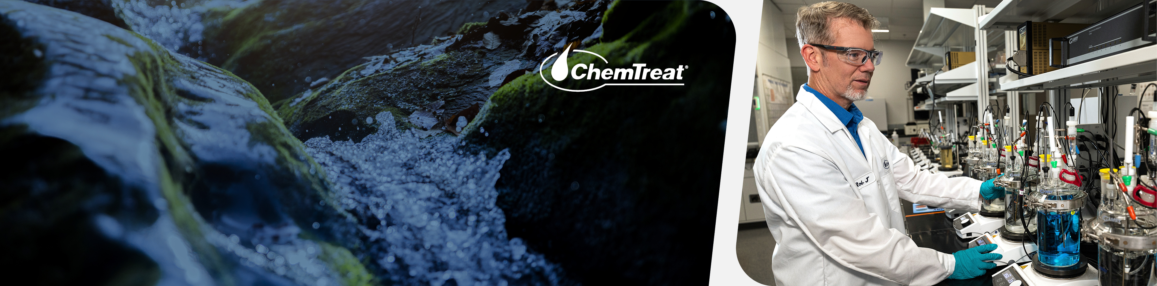 White ChemTreat logo over an image of a river beside a photo of a ChemTreat associate working in a lab