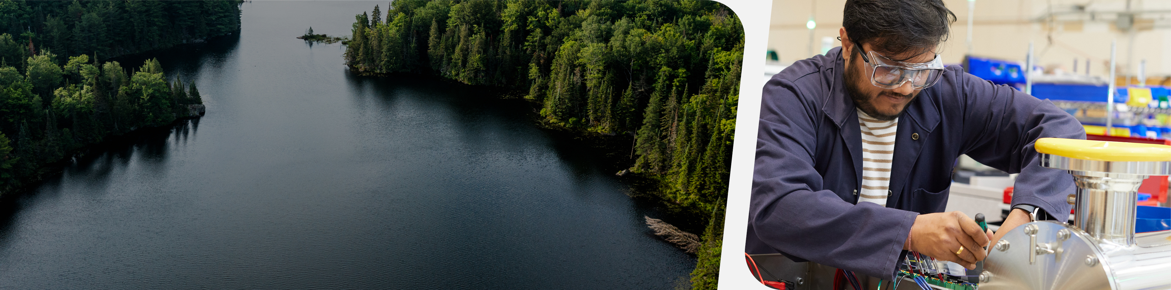 A wide river lined with trees across from a Trojan Technologies employee working on a Trojan product
