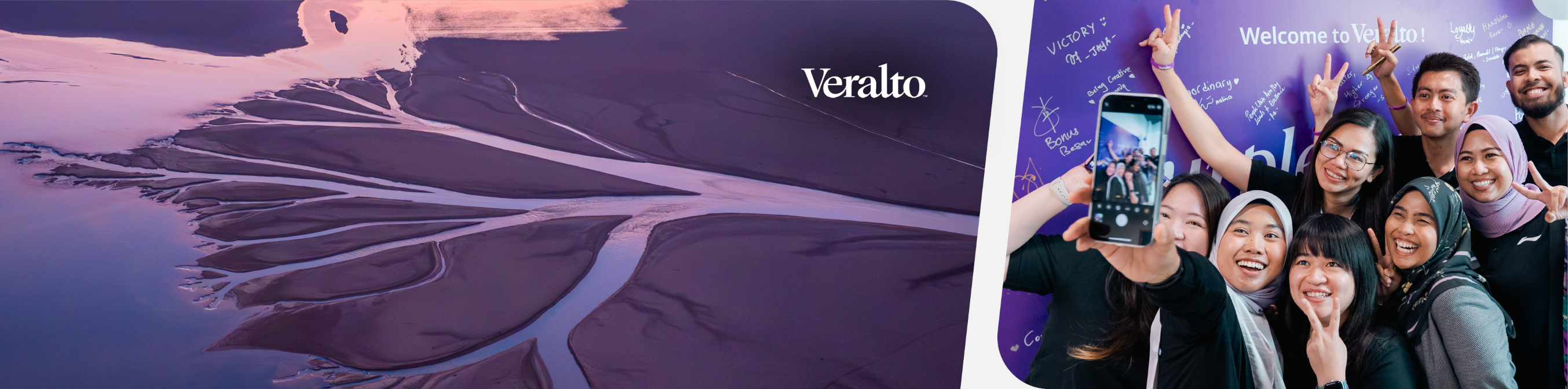 Veralto logo over a purple landscape beside a selfie of smiling Veralto associates