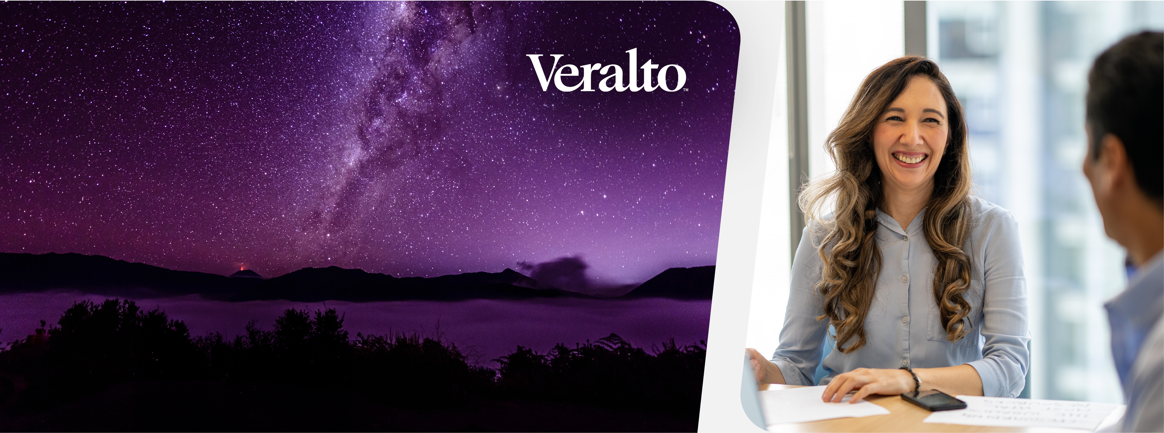 Veralto logo over a purple night sky beside a woman smiling during a conversation in a modern office
