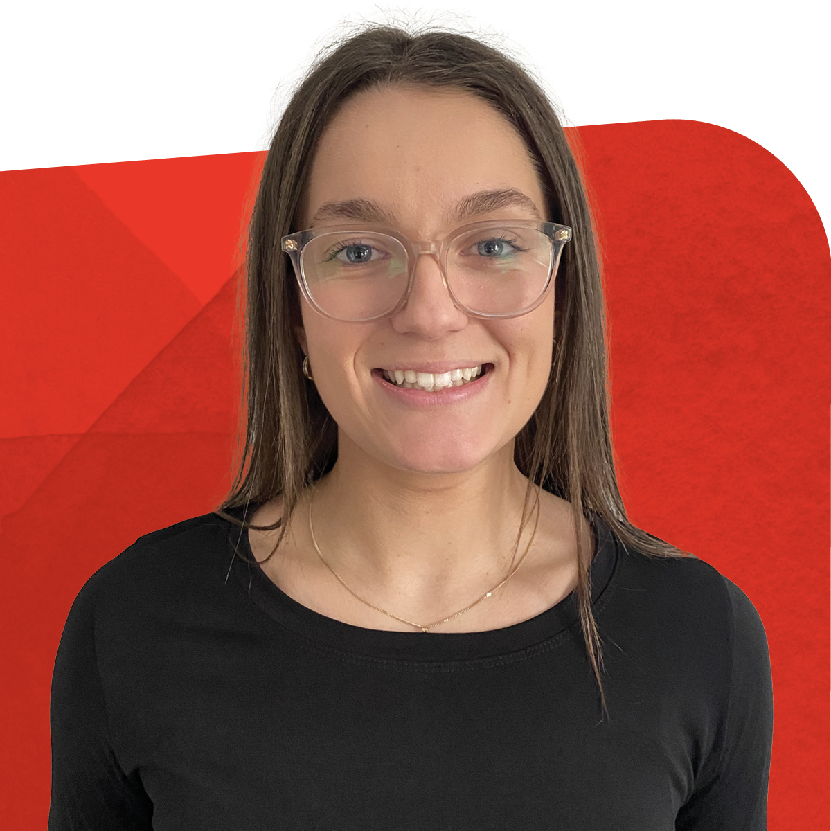 Andrea Malesevic, Business Intelligence Specialist, smiling against a red background