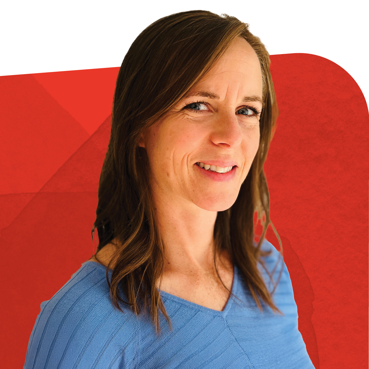 Mari Burgess, Municipal Designer at Trojan Technologies, smiling against a red background 