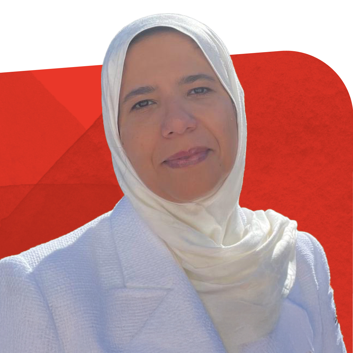 Nermeen Ibrahim, Electrical Engineer, smiling against a red background 