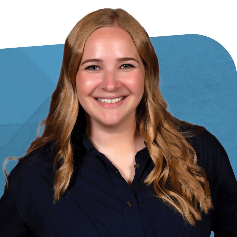 Melissa Bosnyak, Product Manager of Sustainable Packaging Solutions, against a blue background