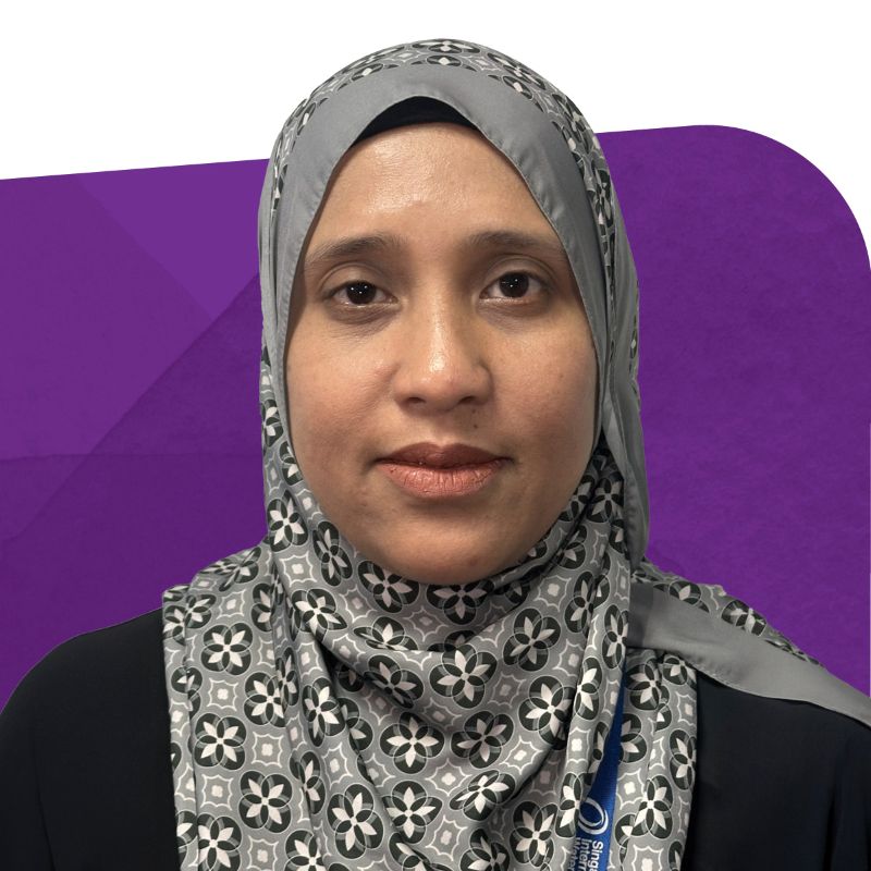 Malina Mat Wazip, Senior Aftermarket Sales Representative at Hach, smiling against a purple background