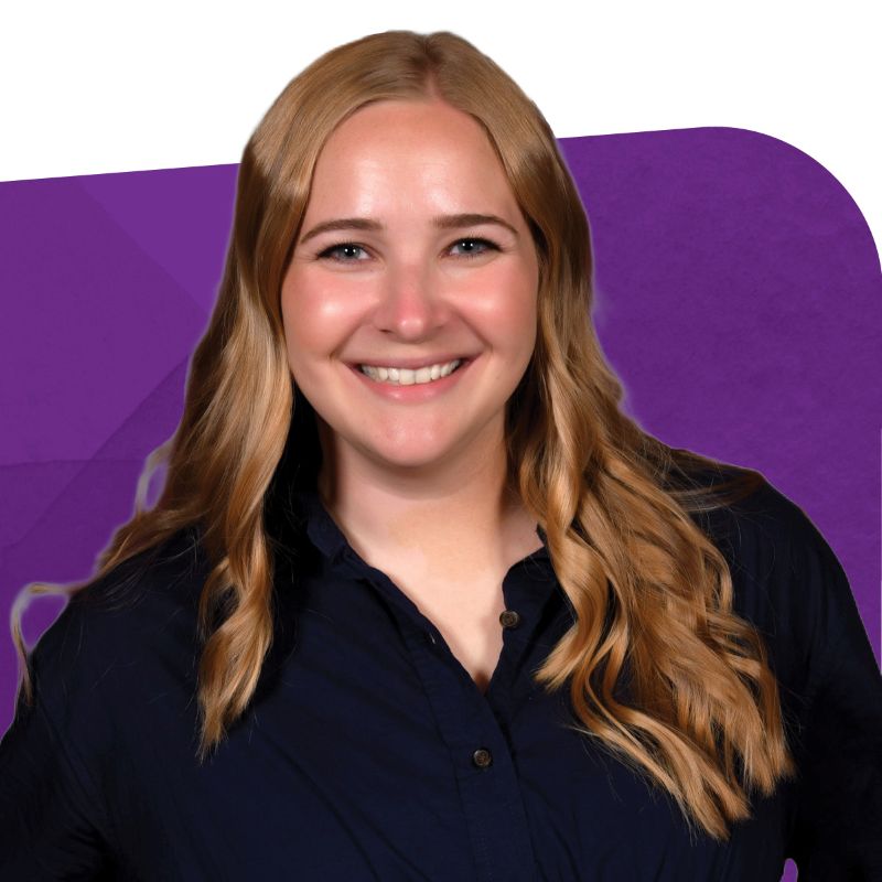 Melissa Boznyak, Product Manager at Videojet, smiling against a purple background