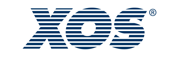 A blue, striped XOS logo against a white background