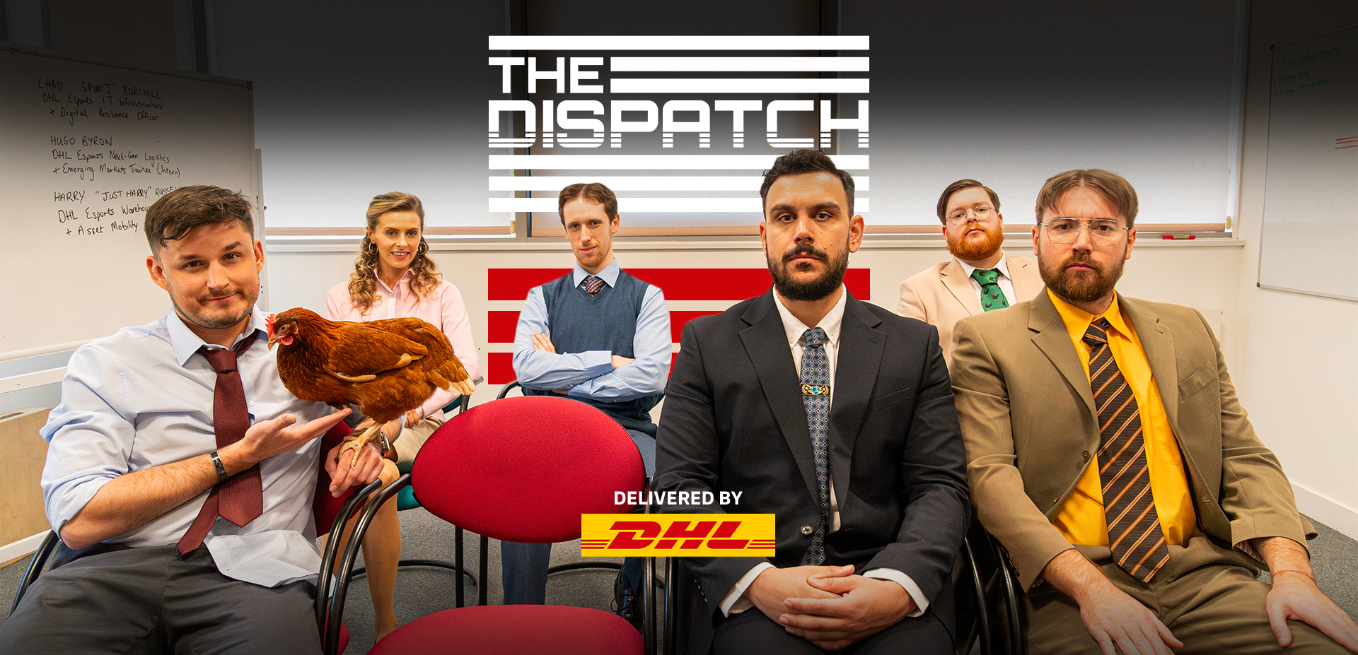Office team poses with serious faces—one holds a chicken. "The Dispatch" logo and "Delivered by DHL" appear in the background.