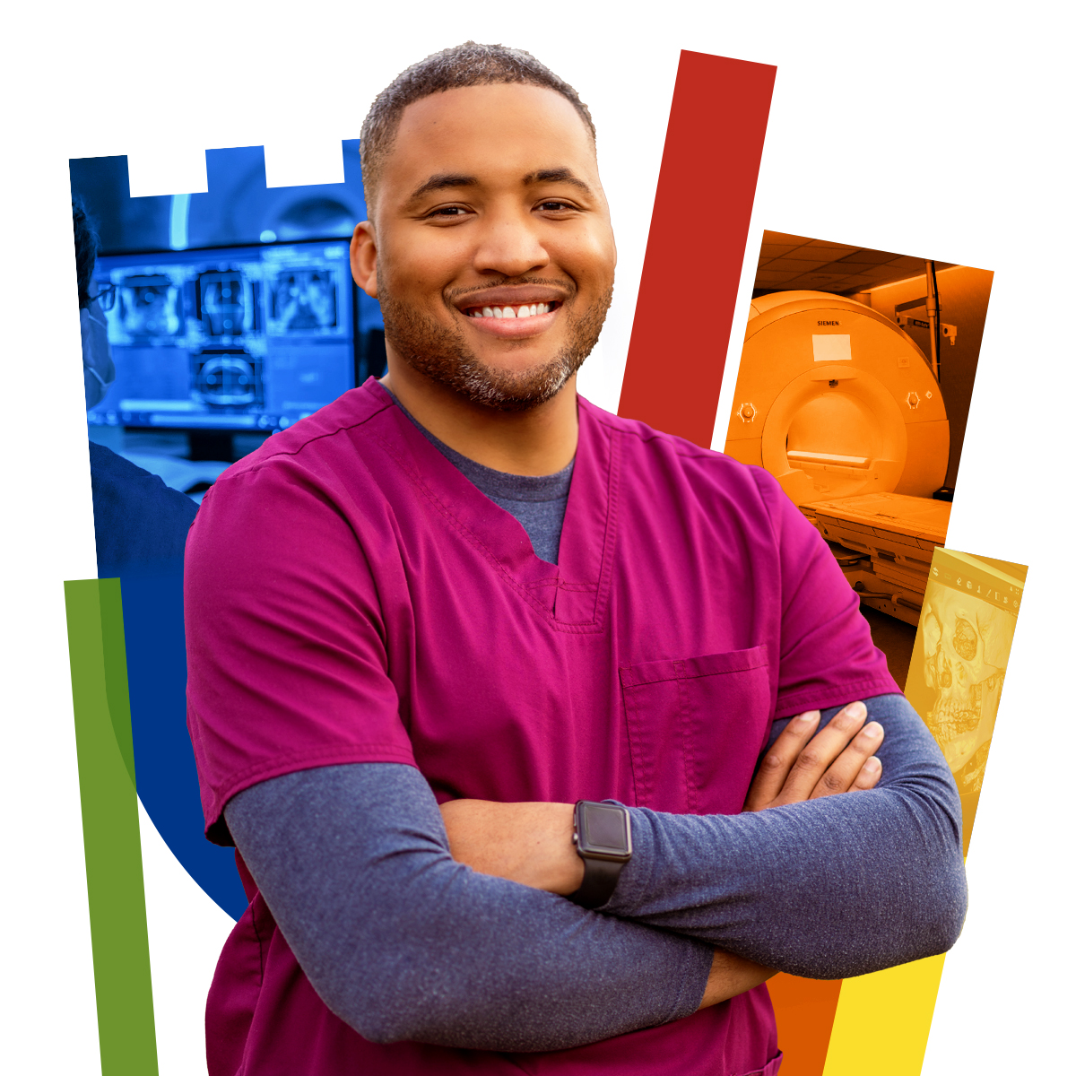 Oshane smiles in scrubs with a colorful Duke shield in the background.