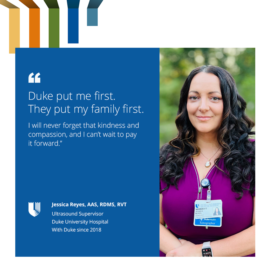 Jessica smiles in scrubs next to a quote about how Duke put her first when her first child was born early.