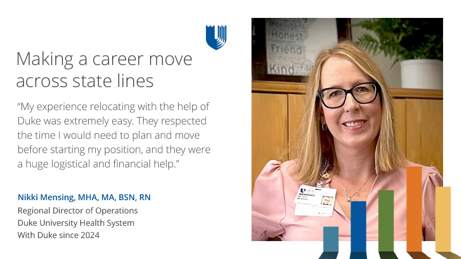 Nikki smiles in a pink top and glasses. Beside her is a quote about moving across state lines using relocation assistance.