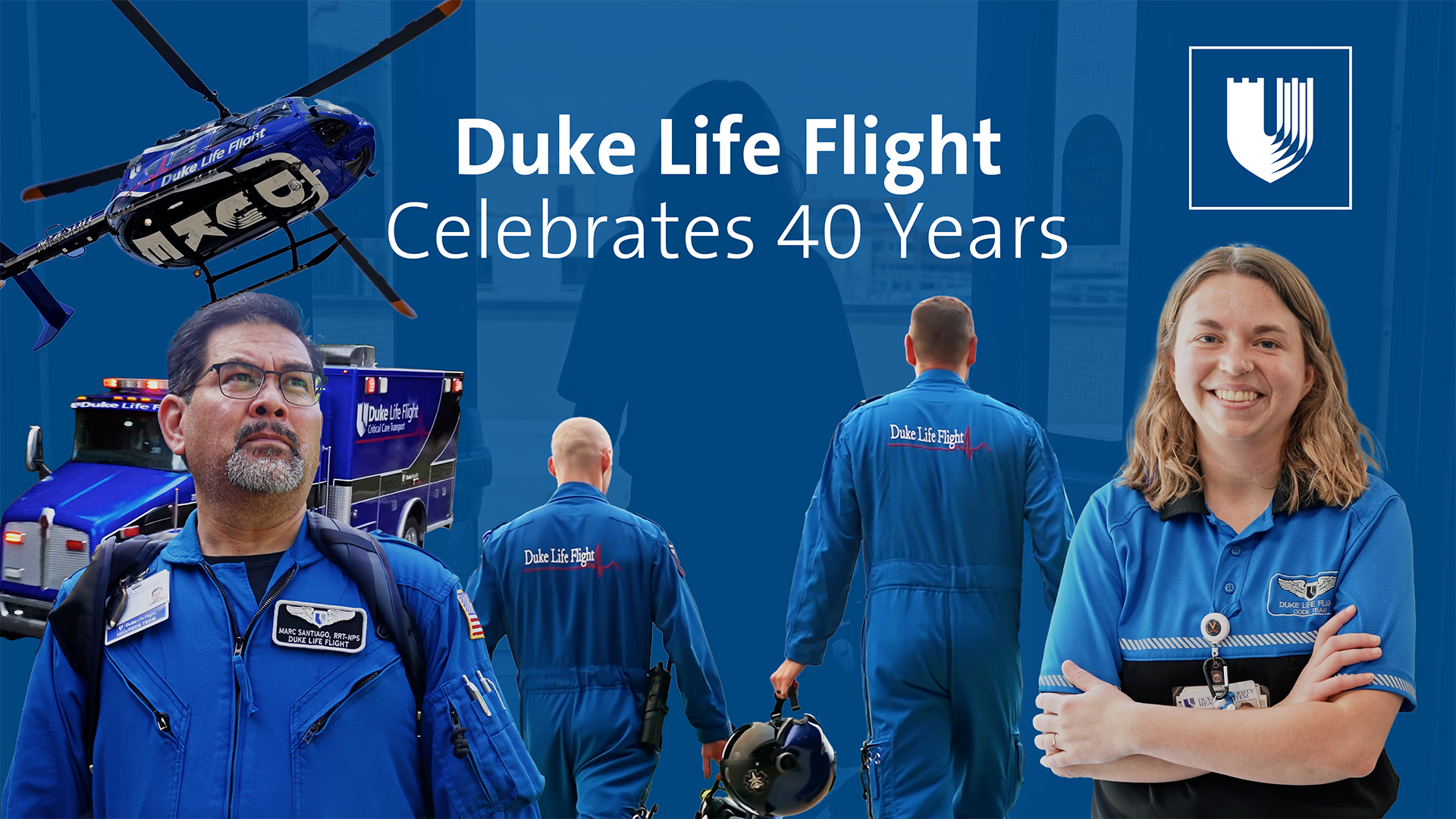 Duke Life Flight team members smile in jumpsuits.