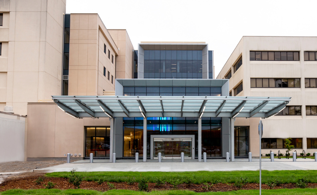 Front entrance of Duke Raleigh Hospital, A Campus of Duke University Hospital.