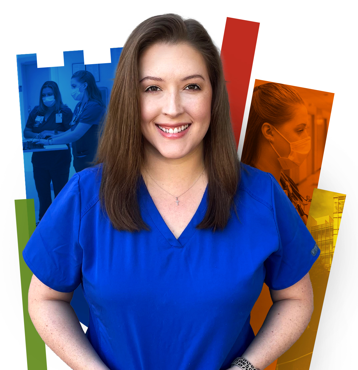 Nurse smiles in blue scrubs with colorful shield in the background.