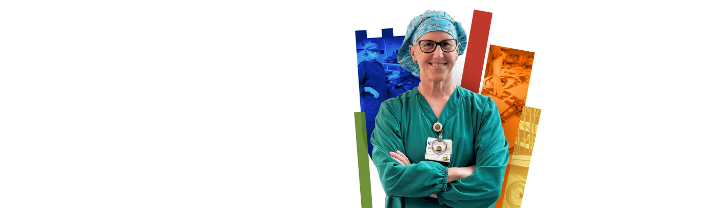 Surgical Technologist Heidi smiles in green scrubs and scrub cap with a colorful Duke Health shield in the background.