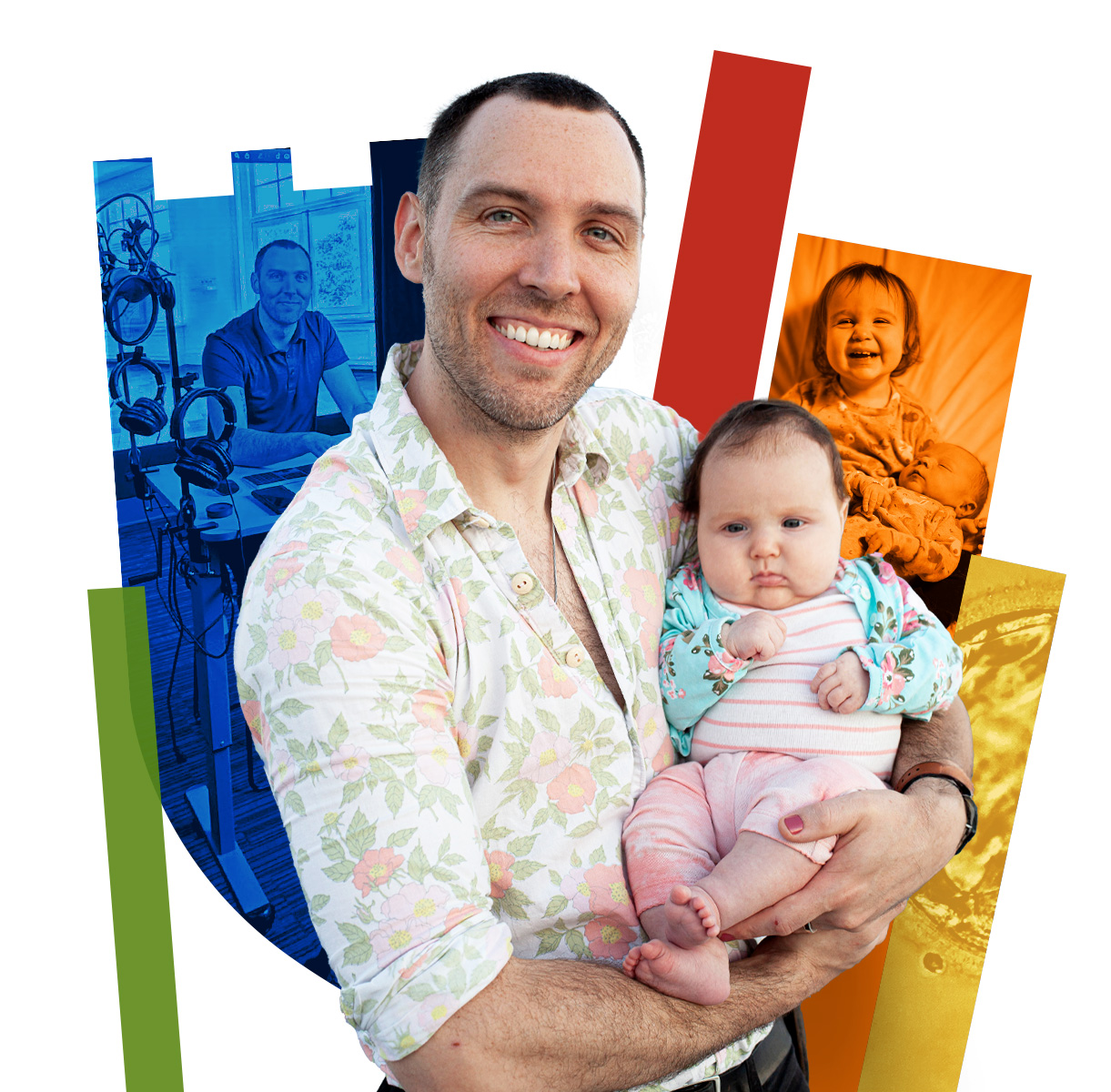 Jack holds his infant daughter in his hands with a colorful Duke Health shield in the background.