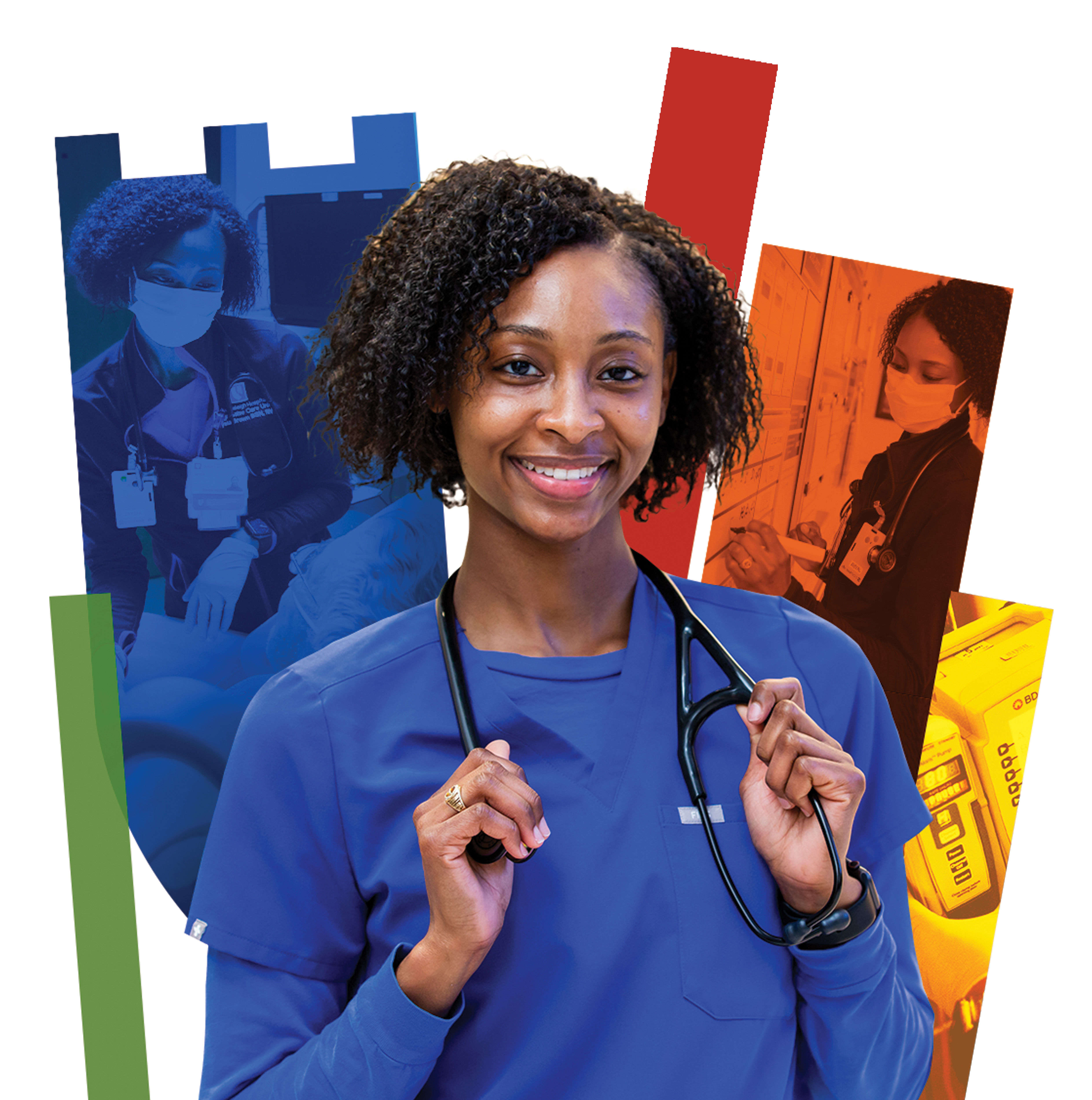 APP smiling in blue scrubs with a colorful Duke shield in the background.