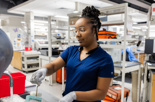 Team member works with lab equipment.