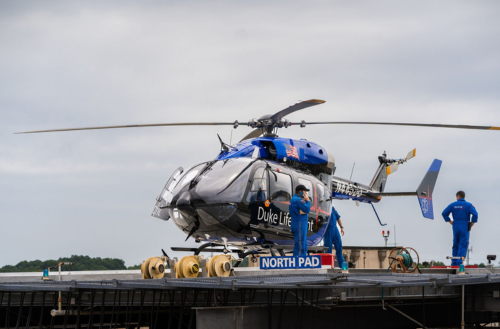 Helicopter on top of a hospital.