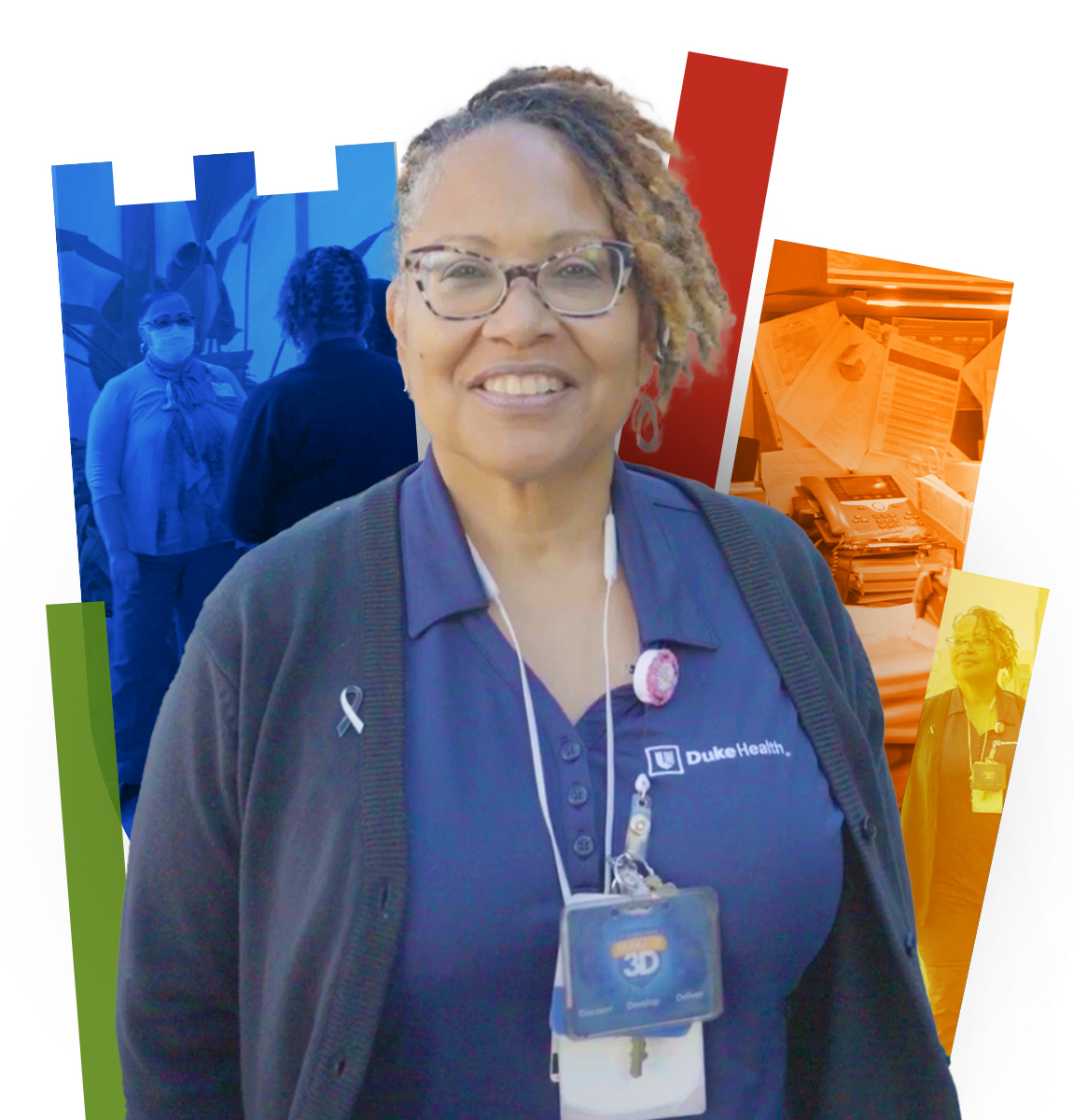 Saundra smiles in Duke polo with colorful Duke shield in background.