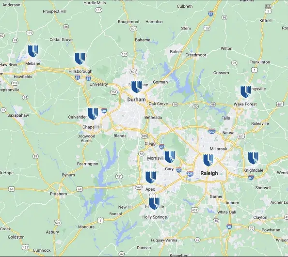 Map of some suburbs where Duke Health facilities are located.