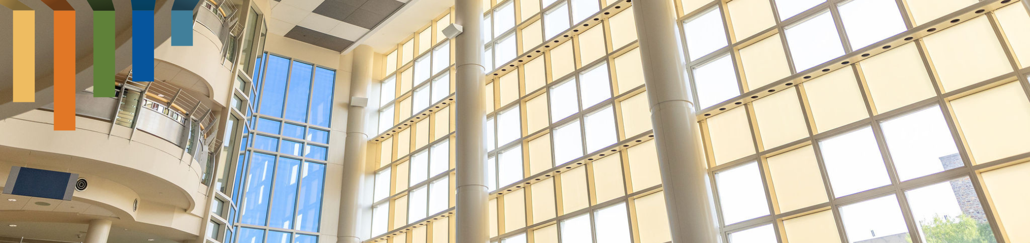 Duke Health wall of windows with light streaming in.