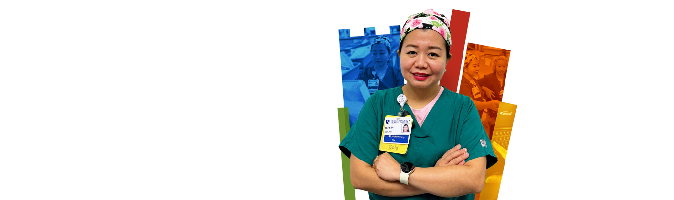 Nurse smiling in scrubs with colorful Duke shield in the background.