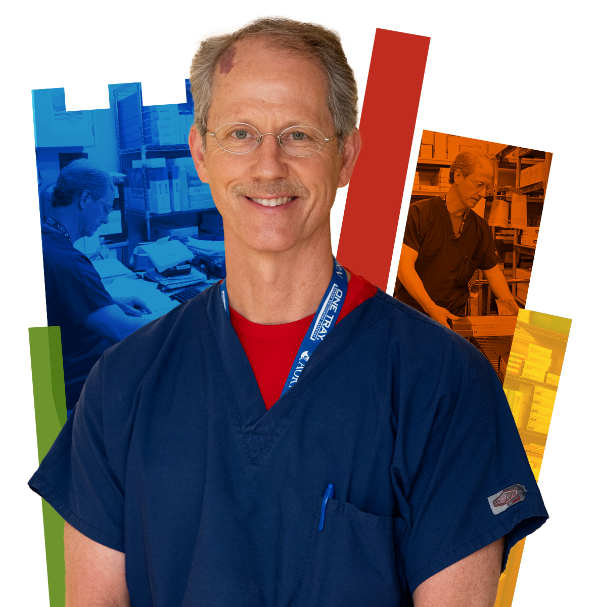 Man smiles in blue scrubs with colorful Duke shield in background.