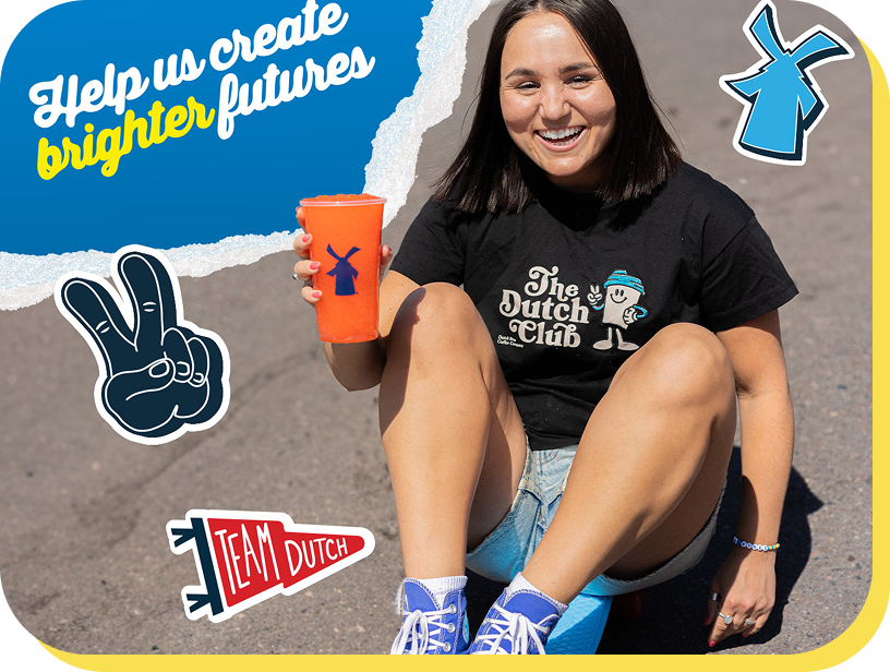 Buck for kids event promo: someone holding a drink and text that says "help us create brighter futures"