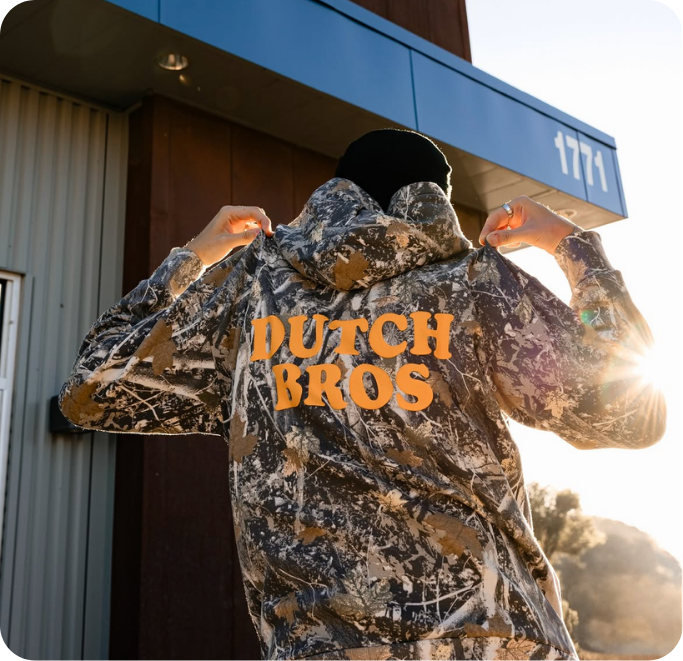 Dutch Bros hoodie in cameo with orange letters