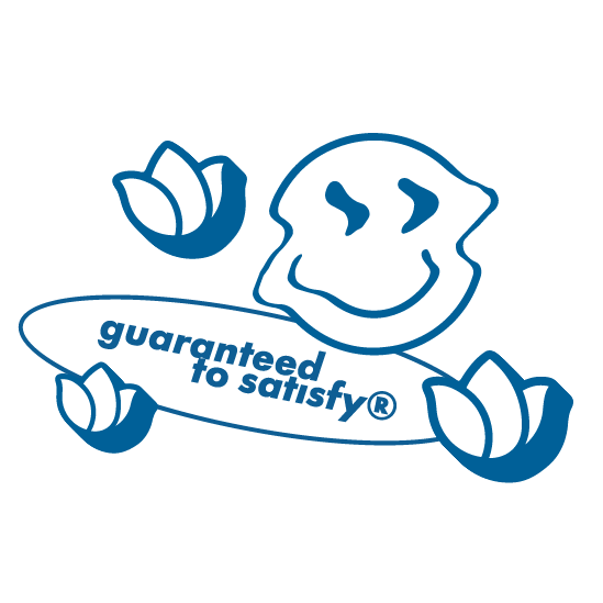 A Dutch Bros smiley face that says guaranteed to satisfy