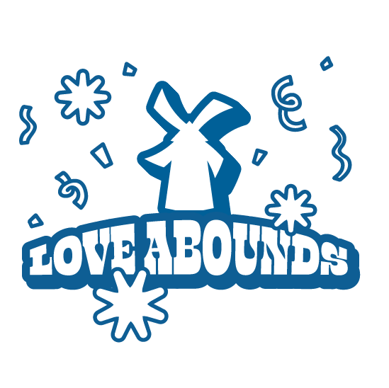 A Dutch Bros windmill with confetti that says love abounds