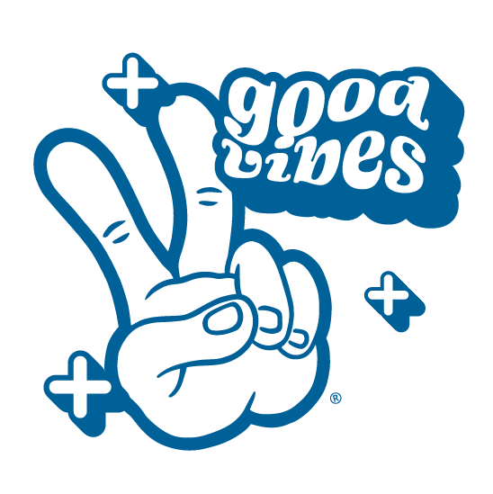 A peace sign graphic that says good vibes