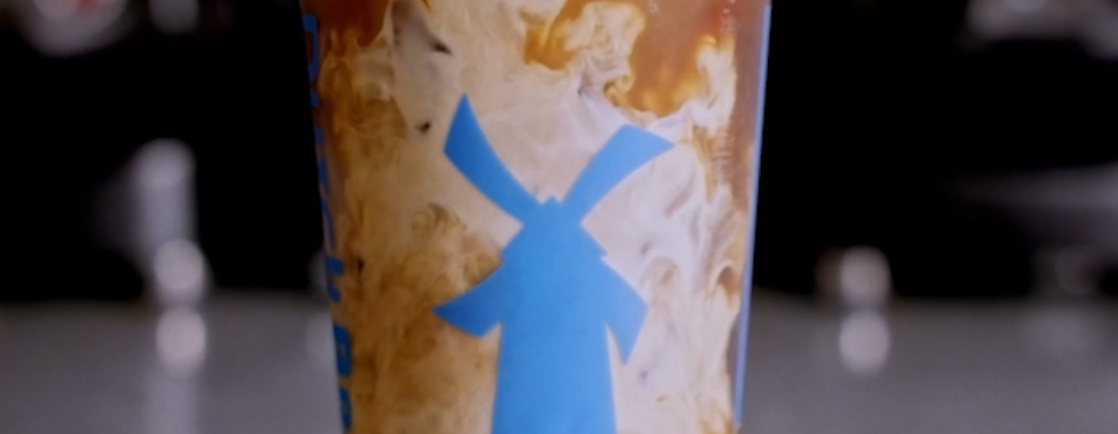 dutch bros coffee drink, close up of windmill logo