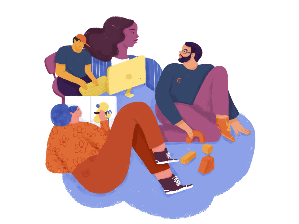 Abstract illustration celebrating diverse forms of collaboration: A person types at a computer, two people are talking as one builds with blocks, another draws an illustration on paper.