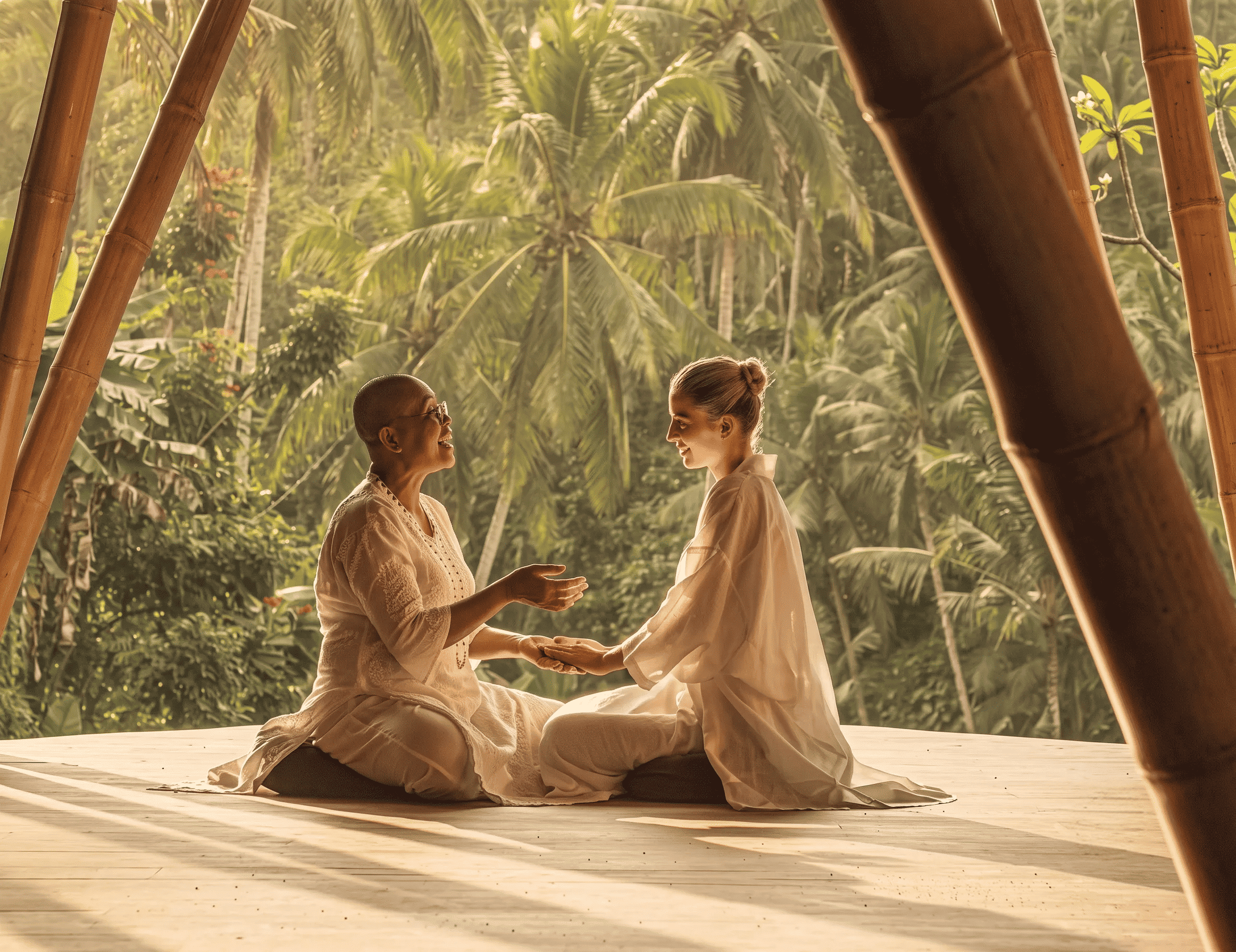 Two people sitting cross legged on the floor conversing.