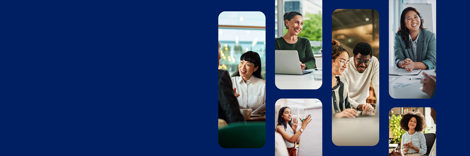 Collage of six photos on a dark blue background showing diverse professionals smiling and working together in office settings.