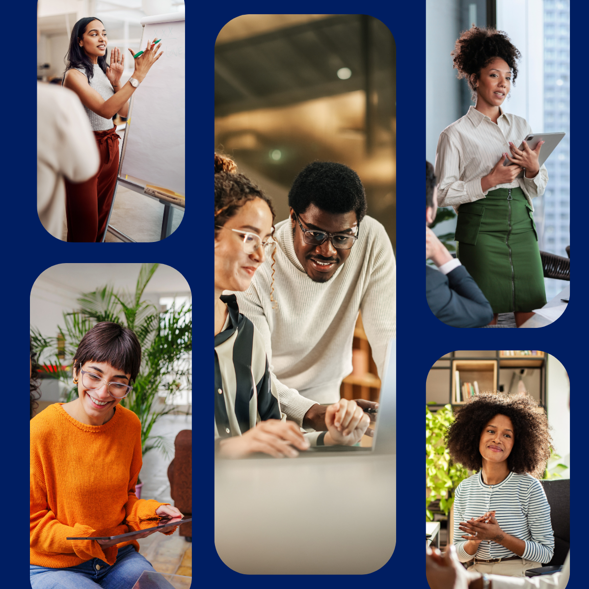 Collage of five photos showing diverse professionals presenting at a whiteboard, collaborating at a laptop, and attending meetings.