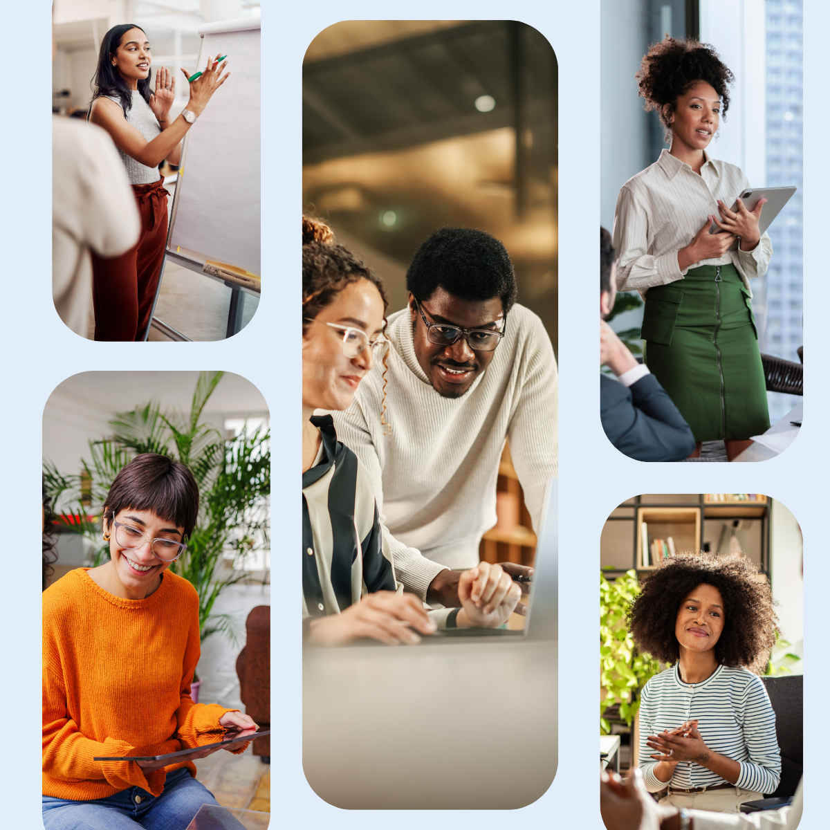 Collage of five photos showing diverse professionals presenting at a whiteboard, collaborating at a laptop, and attending meetings.