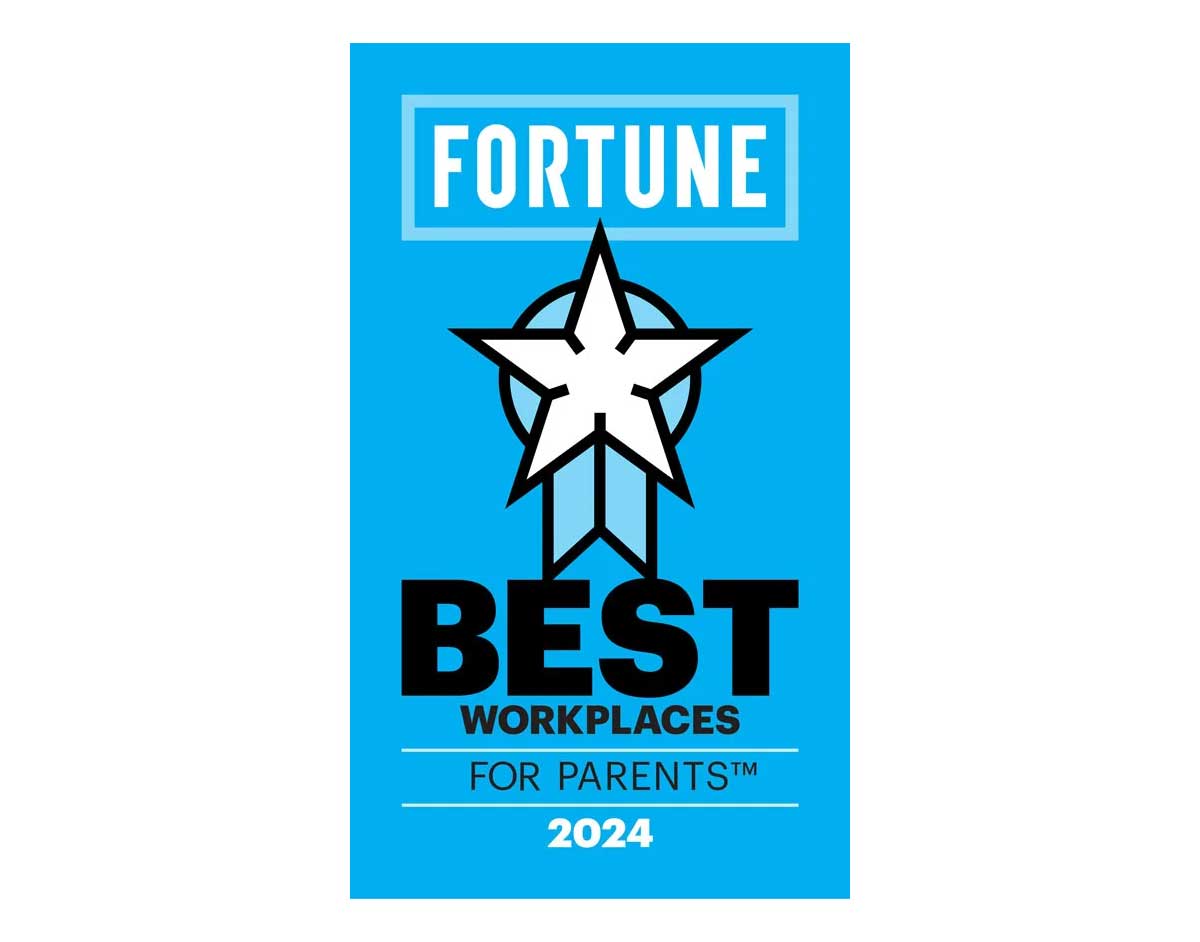A blue badge with a white star, black ribbon, and text: "FORTUNE BEST WORKPLACES FOR PARENTS™ 2024.