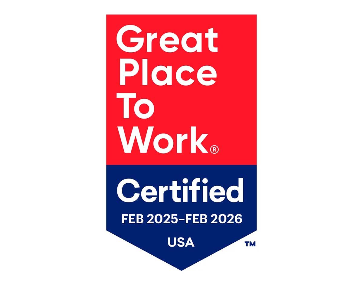A red and blue badge reads "Great Place To Work Certified FEB 2025–FEB 2026 USA" in white text, indicating workplace certification for that time period.