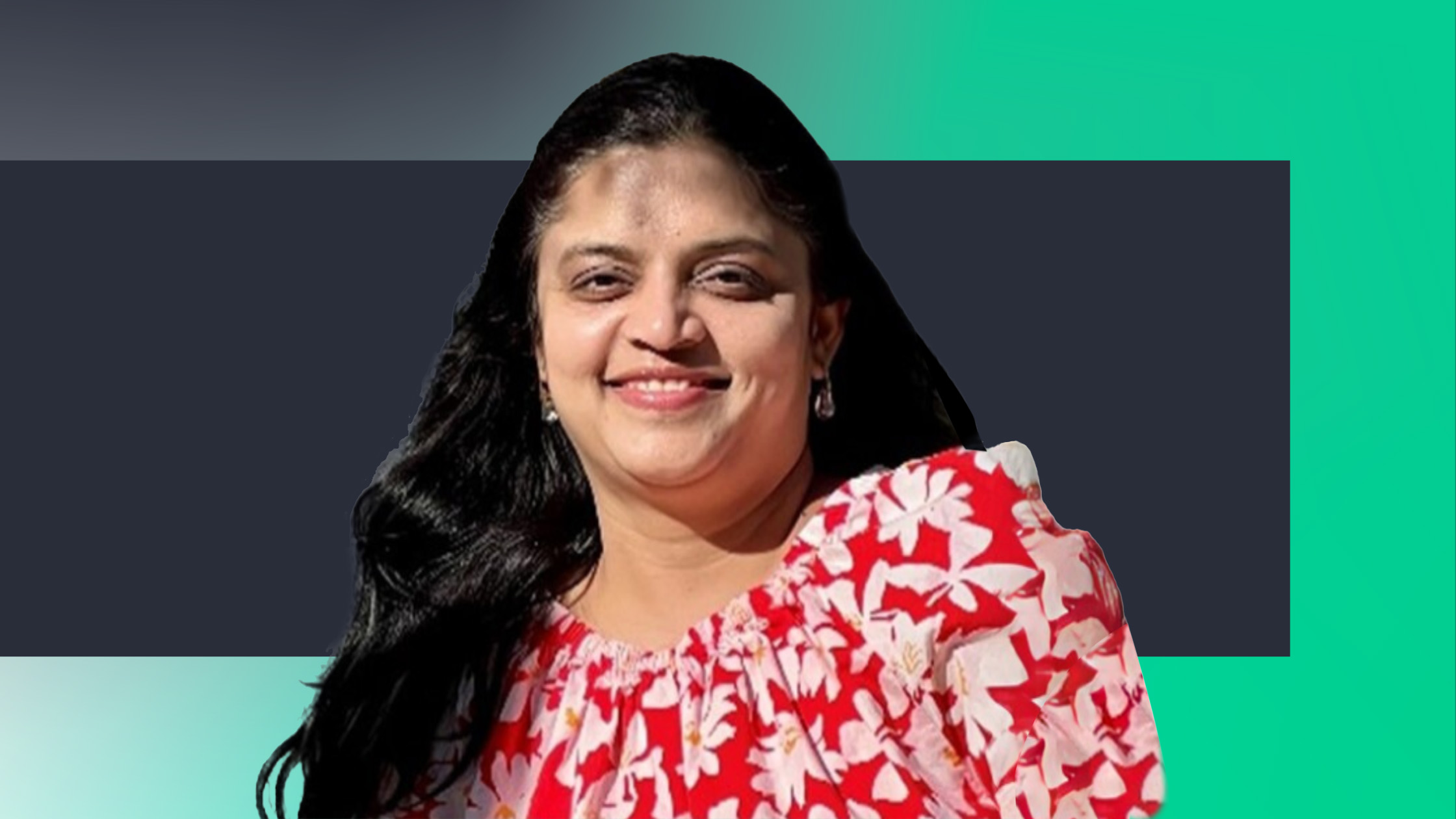 A woman with long dark hair, wearing a red and white patterned top, smiles at the camera. The background features a dark rectangle over a gradient of teal and light blue.