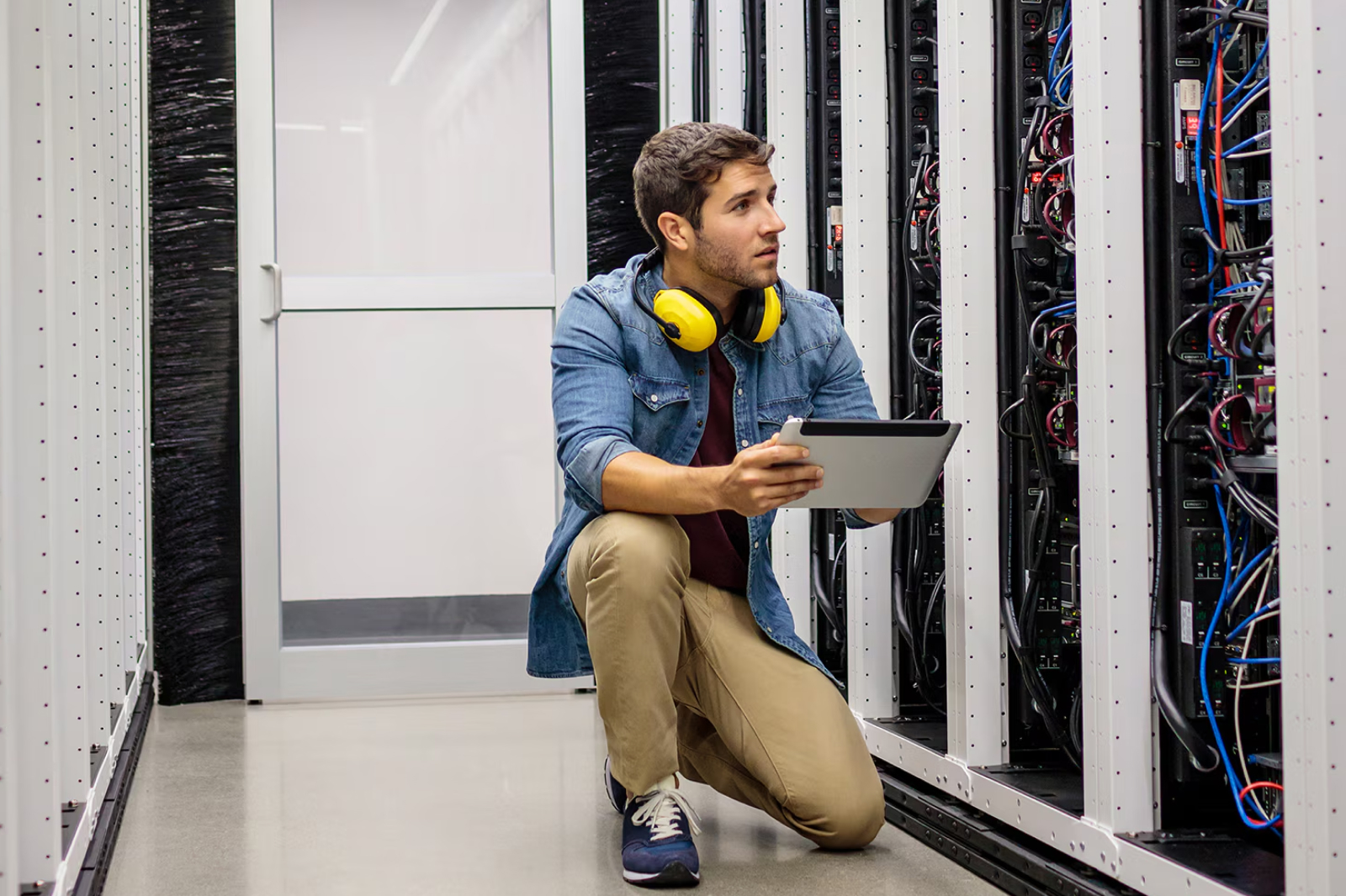 A man wearing yellow headphones around his neck kneels in a server room, holding a tablet and inspecting racks of network servers and cables.