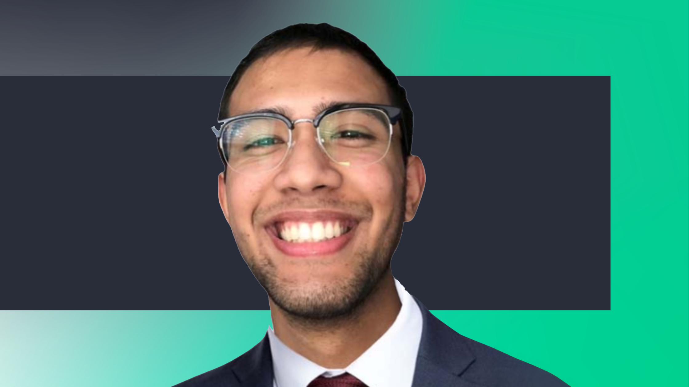 A young man with short dark hair, wearing glasses, a suit, and a red tie, smiling in front of a background with gradient teal and black colors.
