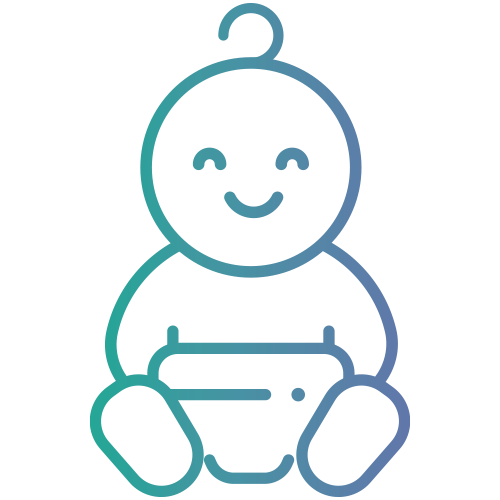 A simple line drawing of a smiling baby holding a diaper, with a curl of hair on top of the head. The lines are in gradient tones of blue and green on a light background.
