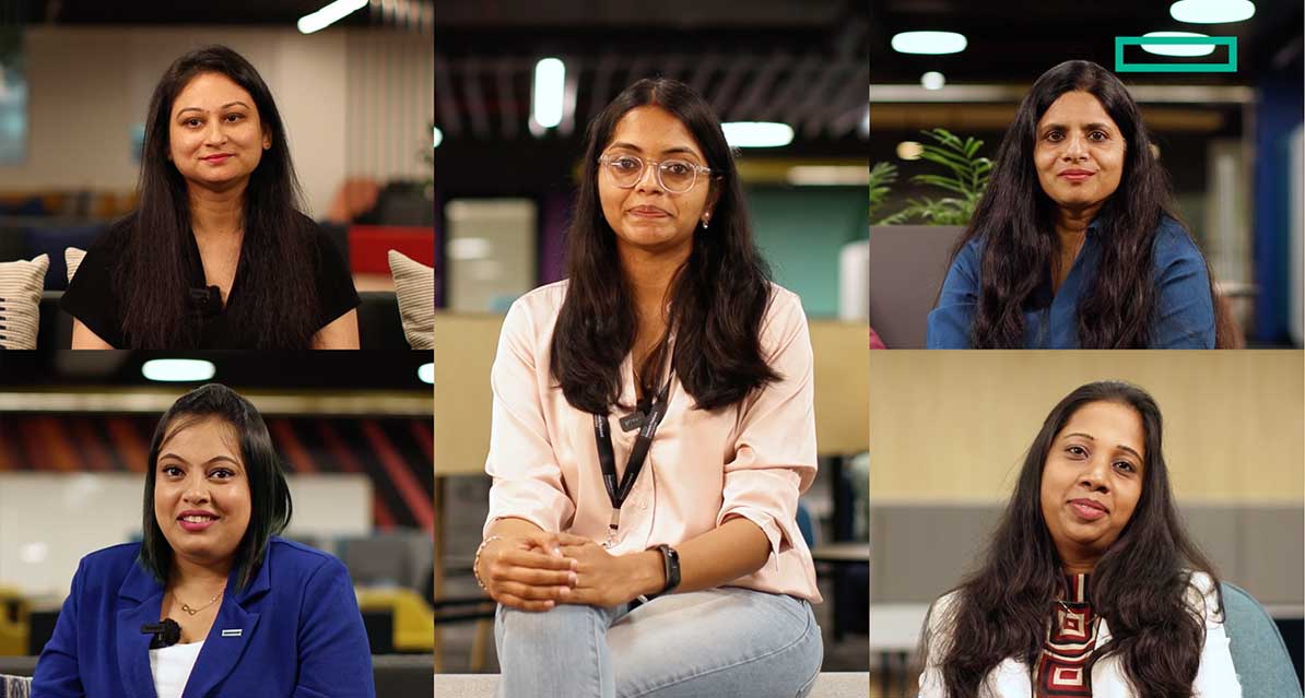 A collage of five women sitting indoors, each posing and smiling at the camera in different office settings, with blurred backgrounds and warm lighting.
