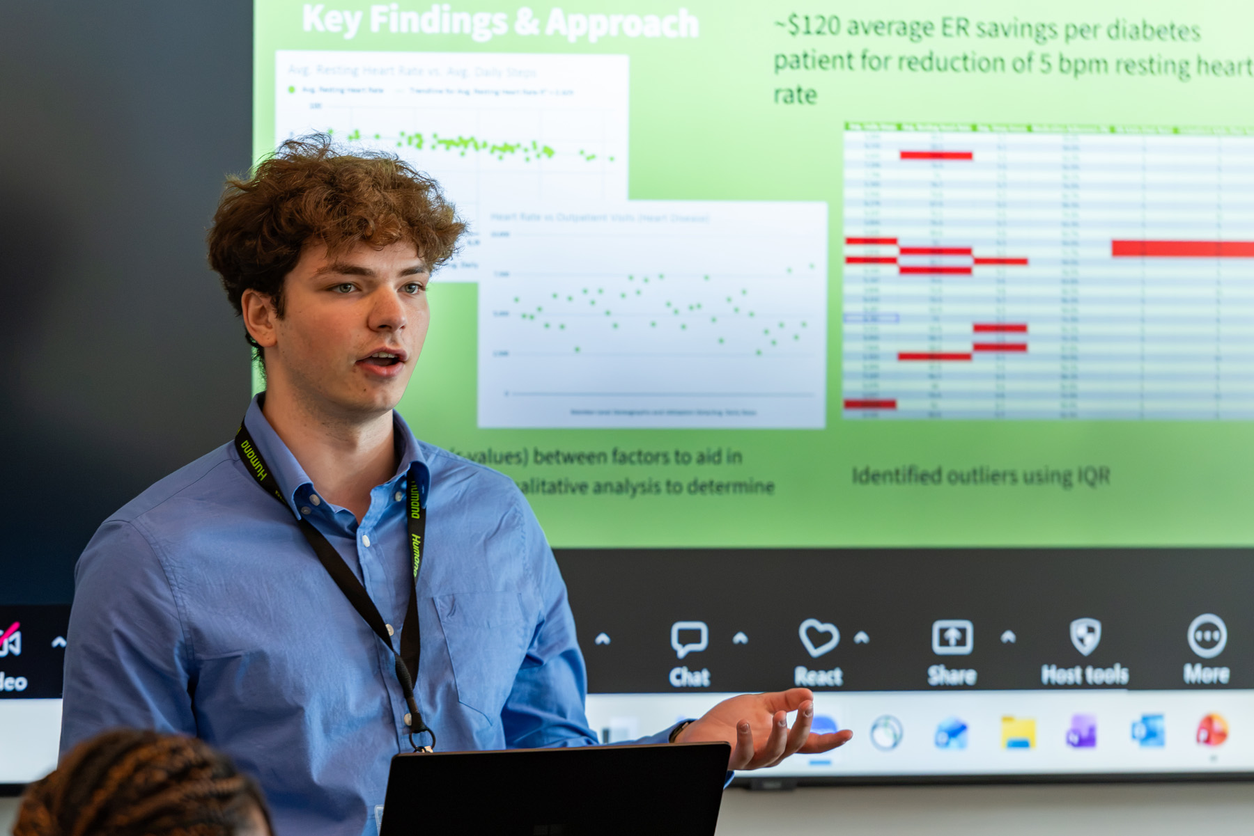 Young male Humana intern standing in front of a slide presentation speaking