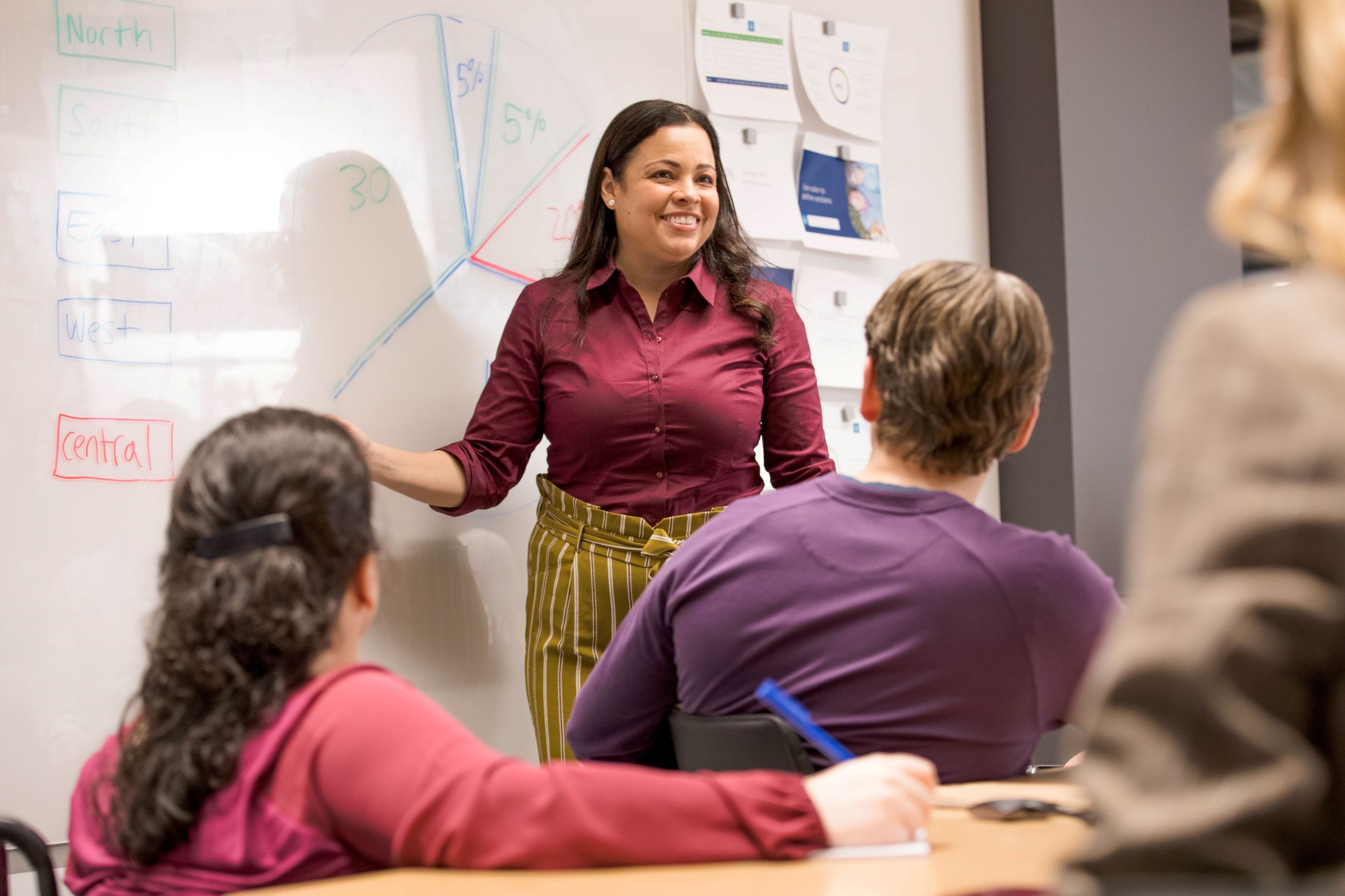 A woman presenting to a group in front of a whiteboard in a conference room.