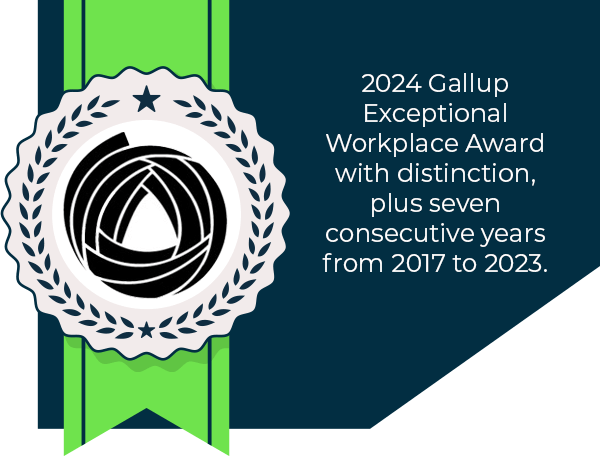 We're the proud winner of eight Gallup Exceptional Workplace Awards from 2017-2024
