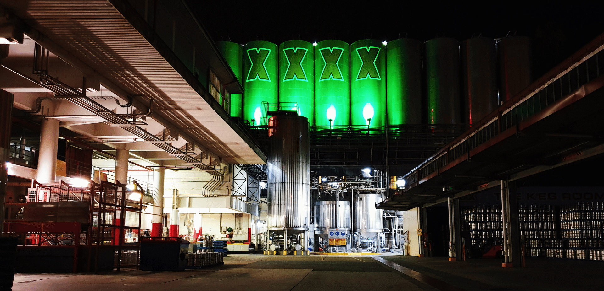 XXXX Brewery all lit up with green lights